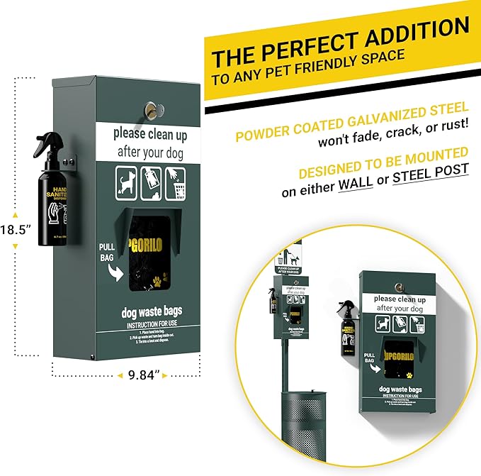 Dog Waste Station Pull Out Bag Dispenser with Hand Sanitizer Bottle - 400 Header Bags Included - Original Glow in the Dark Dog Poop Station Outdoor, Pet Waste Station with Lock and Rain Guard