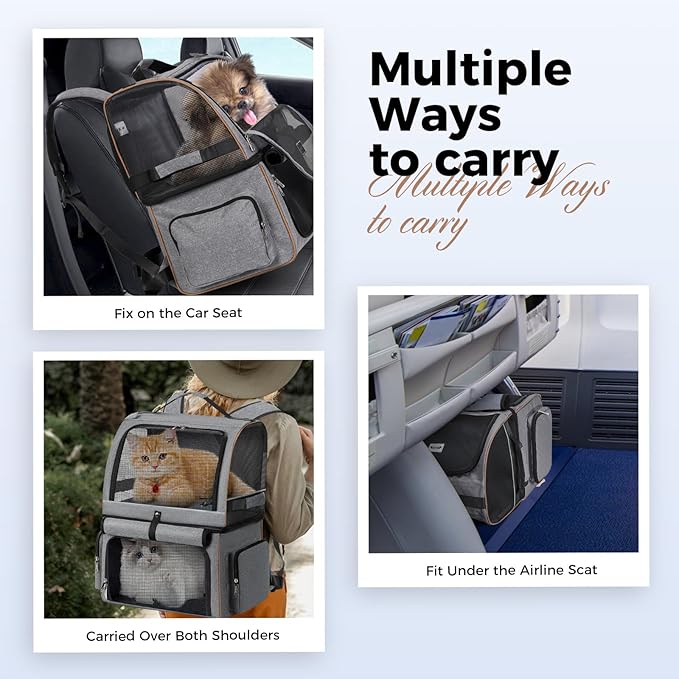 Lekebobor Double Cat Backpack Carrier for 2 Cats, Double-Compartment Pet Carrier Backpack for Two Small Cat or One Medium Cat, Cats Carrier Backpack Dog Carrier Backpack Fits Up to 24 Lbs,Grey