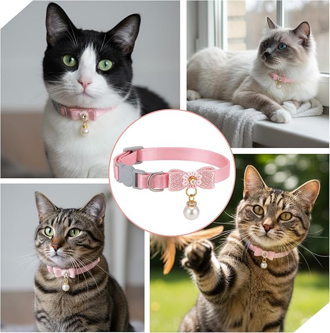Cat Collar Breakaway, Adjustable Pink Cat Collar with Pearl Pendant, Cute Cat Collars with Safety Buckle Pink Bowtie Kitten Collars for Girl Cats