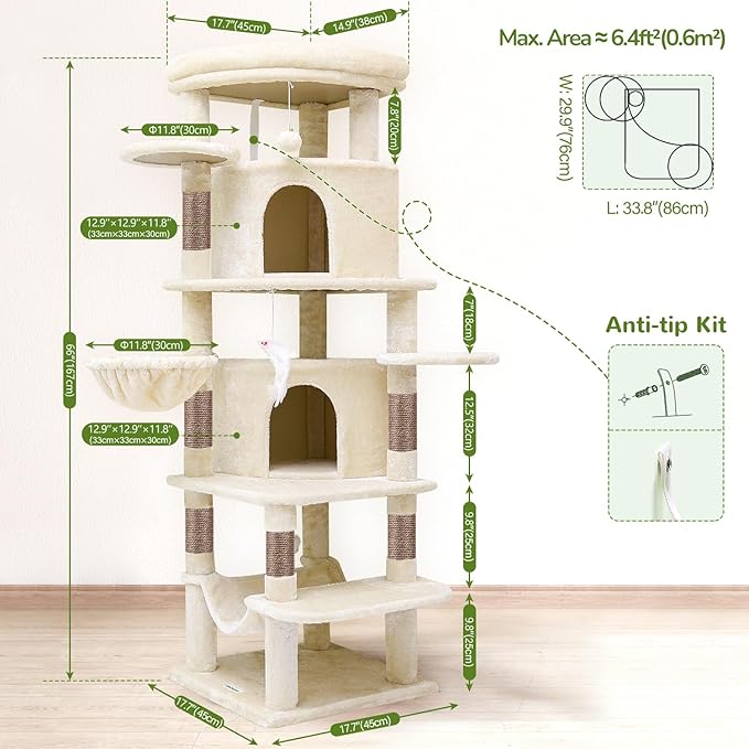 Globlazer Corner Cat Tree for Large Cats, 66inch Tall Curved Series Large Cat Tower for Multiple Indoor Cats with 6 Scratching Posts, 2 Spacious Cat Condos, Hammock, Hanging Basket, C66, Beige