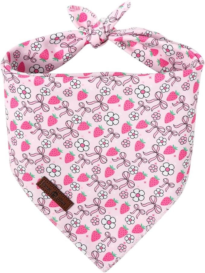 Lionet Paws Spring Strawberry Bow Dog Bandana Washable Cotton Handkerchief Scarf Triangle Pink Bandana for Small Medium Large Dogs Girl Boy