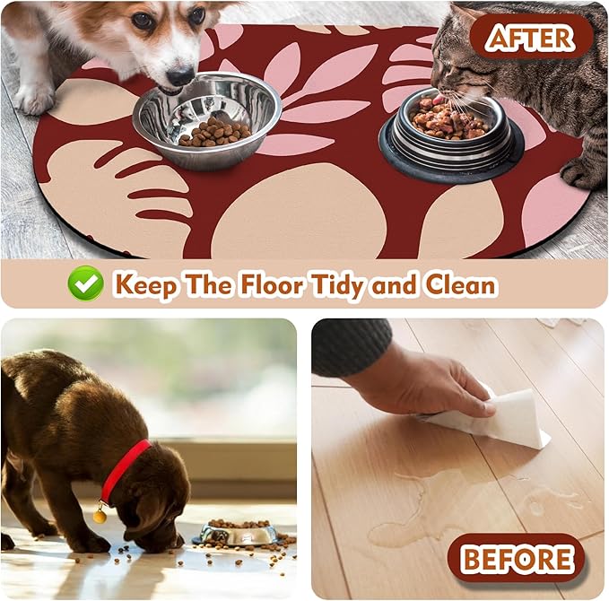 Pet Feeding Mat – 20''x12'' Absorbent Dog Food Mat, Pet Water Mats Protect Floor, No Stains Quick Dry Water Bowl Mats, Non-Slip Rubber Base Pets Placemats for Food and Water, Red Leaves