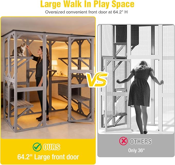 Aivituvin Catio Outdoor Cat Enclosure with 7 Platforms, 2 Resting Boxes, Large Window Cat House for 6-8 Mulitiple Cats Walk in Kitty Cage with Weatherproof Tarp Roof 71"