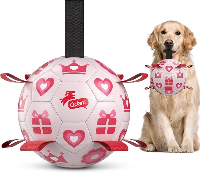 QDAN Valentines Gift Dog Toys, Pink Soccer Ball with Straps, Interactive Tug of War Toy, Puppy Birthday Gifts, Water Toy, Durable Dog Balls for Medium Large (8 Inch)