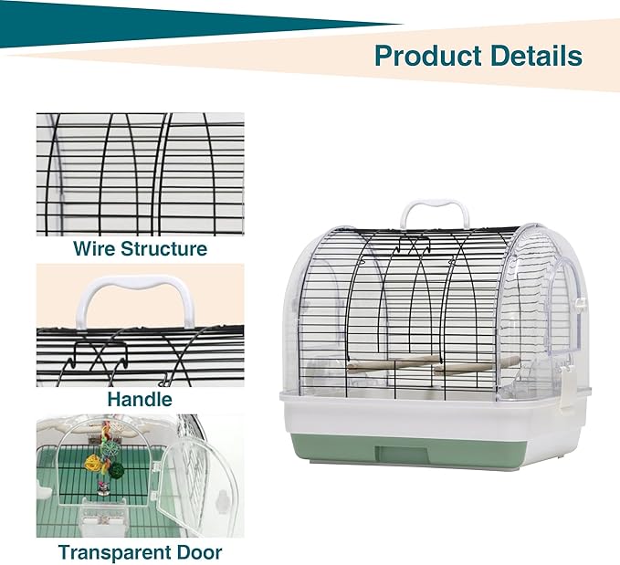 GarveeHome Portable Bird Cage Carrier, Small Bird Cage with Perches, Food Bowls and Tray, Bird Carrier for Parakeets, Canaries, Lovebirds, Small Quaker, Cockatiels, Budgie, Green Cheek