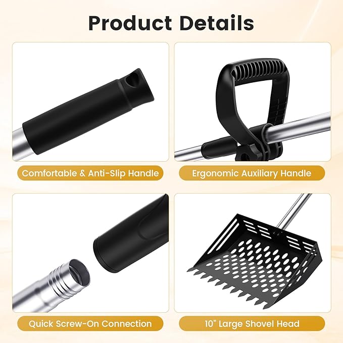 Chicken Poop Scooper and Rake, 2-in-1 Metal Sand Sifting Shovel with 24-68 Inch Adjustable Stainless Steel Handle, Cleaning Tools for Outdoor Chicken Coops, Farm Animals House