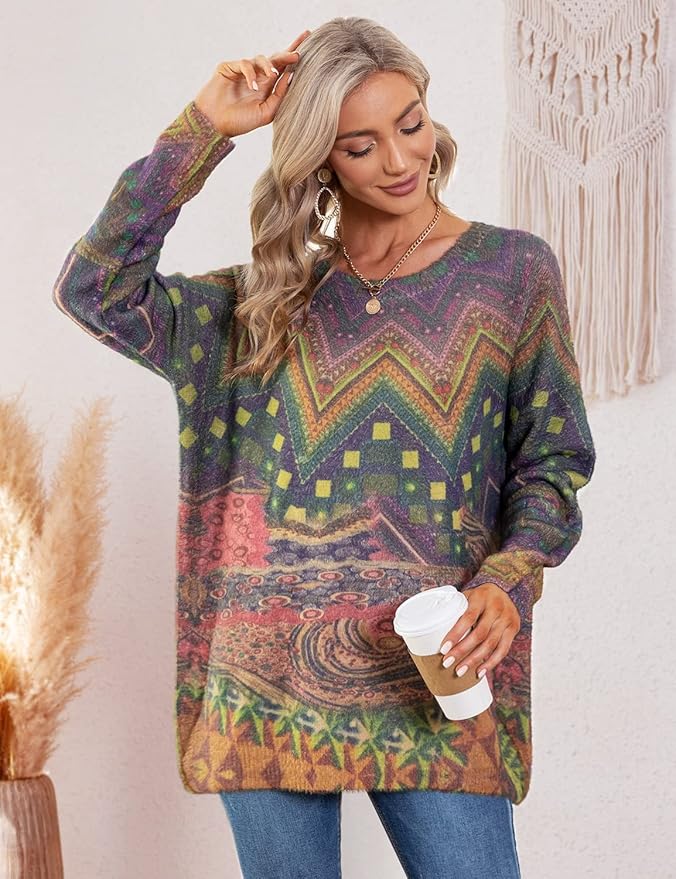 YESNO Women Christmas Sweater Graphic Printed Oversized Pullover Sweaters Casual Loose Knit Tops S01