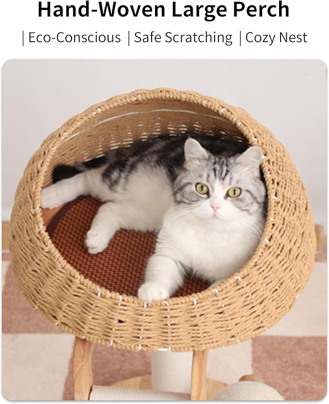 Wood Cat Tree for Large Cats, Modern Cat Tree Tower with Wide Shelves Cotton Scratching Posts, Super Sturdy Base, Cozy Perches, and Interactive Toys for Indoor Kittens