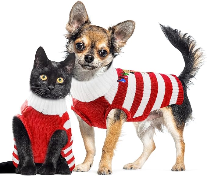 Christmas Dog Sweaters Xmas Pet Outfits Striped Elk Costume Holiday Clothes Gifts Puppy Cat Knitted Jumpers (XL,Red White Stripe Elk)