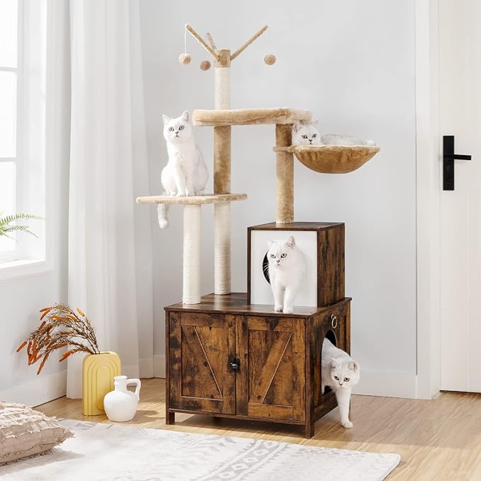 HOOBRO Cat Tree with Litter Box Enclosure for Indoor, Wooden Cat Condo with Scratching Posts, Hidden Litter Box Furniture, All-in-One Cat House, Rustic Brown FG15MZ03