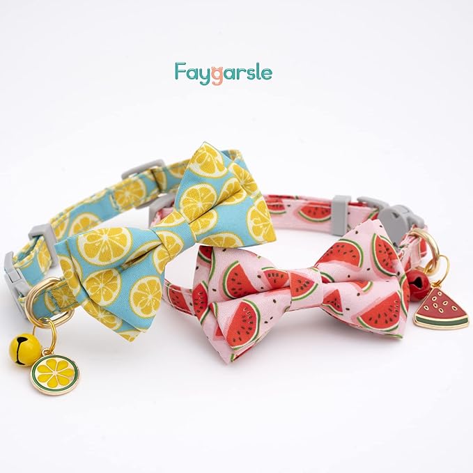 Faygarsle 2 Pack Cute Cat Collar with Bell Breakaway Bowtie for Male Female Cats Soft Fancy Pink Yellow Watermelon Lemon Pattern Spring Summer Cat Collar for Boy Girl Cats