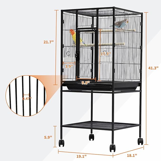 Large Bird Cage, 40.5" H Big Bird Cage with Stand for Parakeets Parrots Conures Lovebird Cockatiel Black