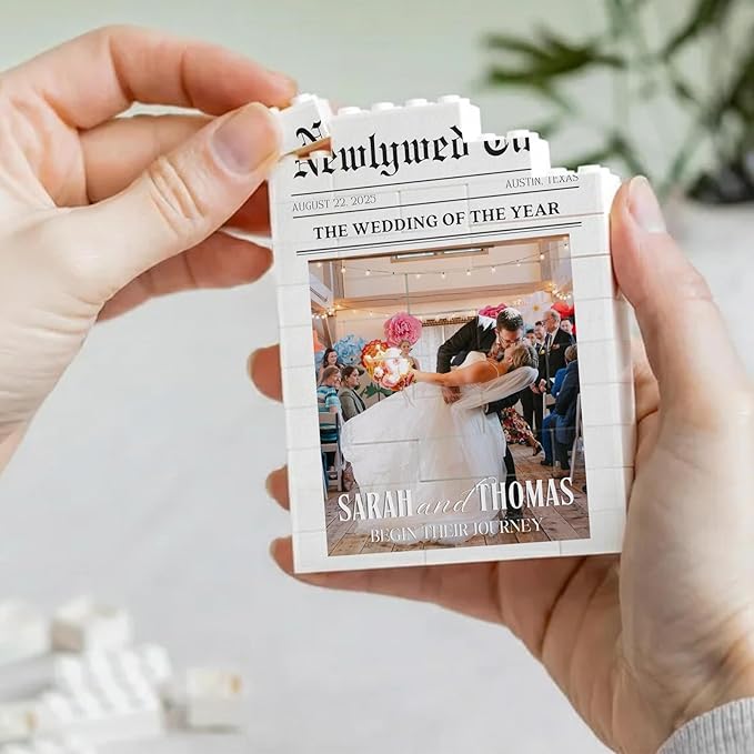 NAZENTI Personalized Newlywed Newspaper Building Block Keepsake for Couple, Custom Wedding Puzzles Blocks gifts for Him Husband, Custom Home Decor with Photo Gifts for Valentine Christmas Birthday