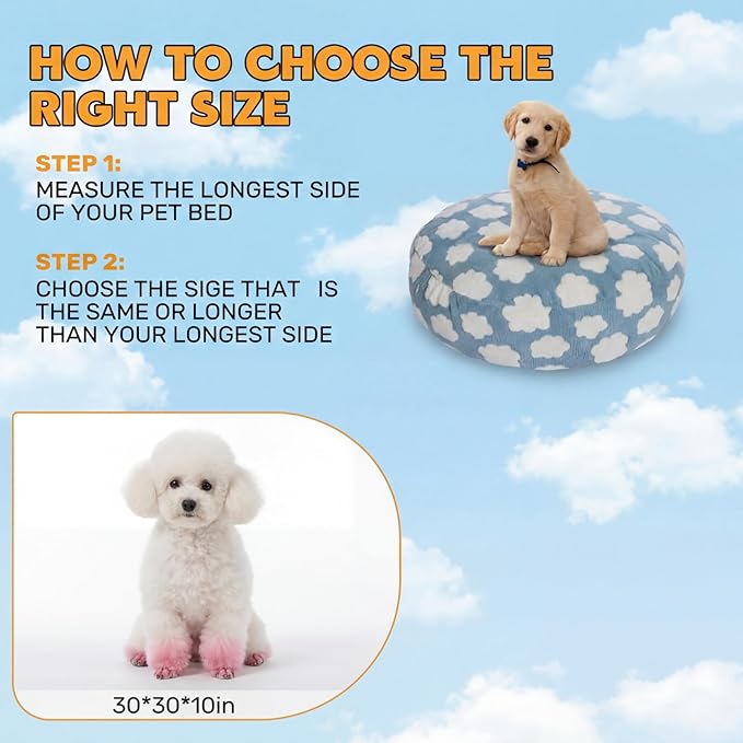 Youyole Medium Washable Round Dog Bed Cover Replacement Waterproof 30 x 30 x 10 in Round Donut Bed Cover for Dog Soft Blue Beds Protector Sheet with Lovely Clouds Print for Donut Beds & Pet Couch