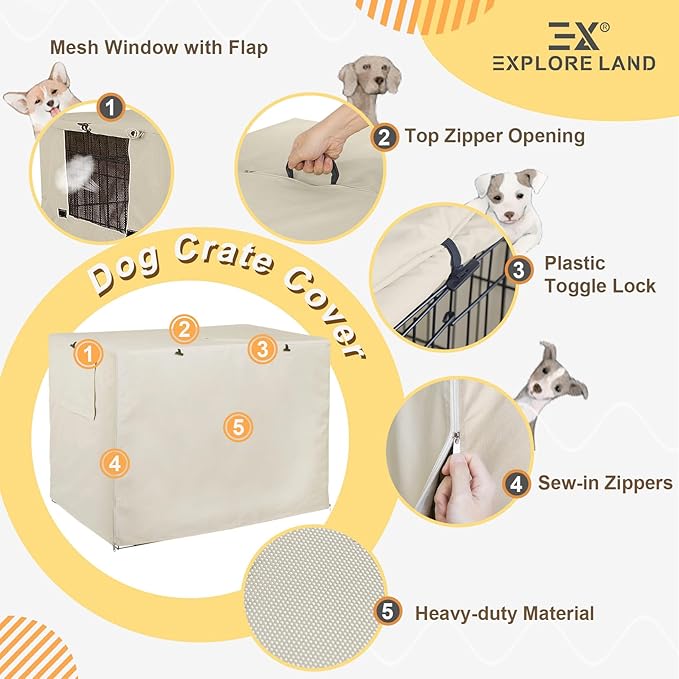 Explore Land 48 inches Dog Crate Cover Heavy Duty Polyester Pet Kennel Sunshade Universal Fit for Wire Cage (Light Tan)
