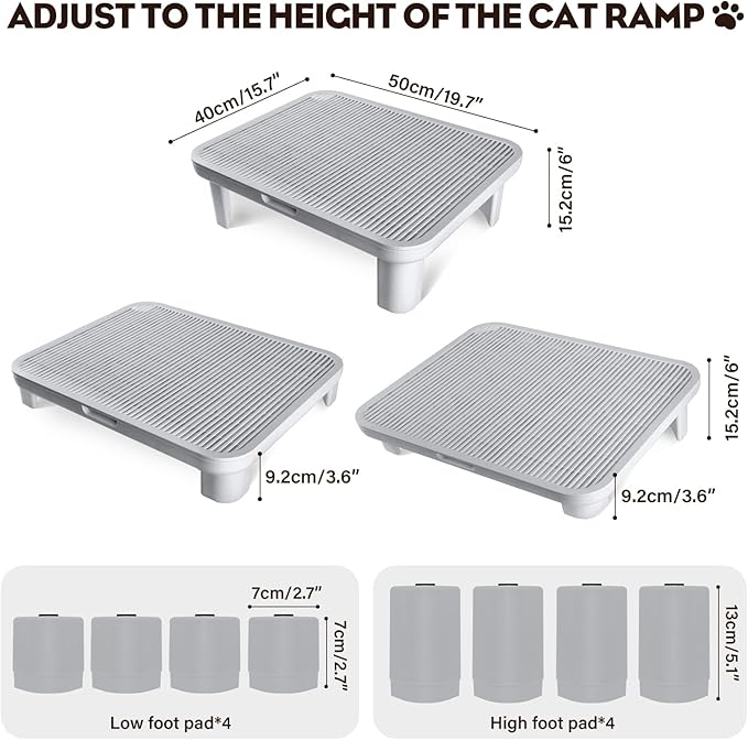 Adjustable Cat Step Ramp, Double Layer Litter Box Step with Filter Function, Replaceable Feet, Elevated Litter Box Ramp for Elderly Cats Easy Cleaning Cat Catcher for Floor Indoor (Grey)