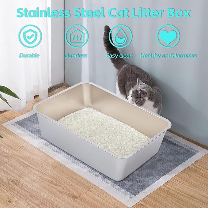 Stainless Steel Litter Box, Metal Litter Box, Cat Litter Box for Kitten, Kitty, Rabbit, 6" High Side Cats Litter Boxes, Cat LitterBox, No Smell, Non Stick, Easy to Clean