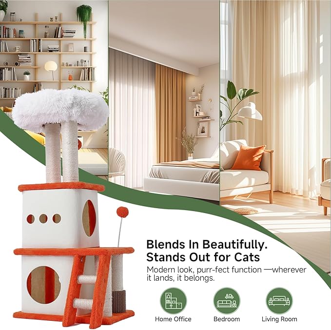 37.4-inch Cat Tree, Cat Tree Tower with Twin Cat Condos for Indoor Cats, Plush Cat House with Padded Perch, Scratching Ladder and Posts and Plush Balls for Kitty Play, Orange