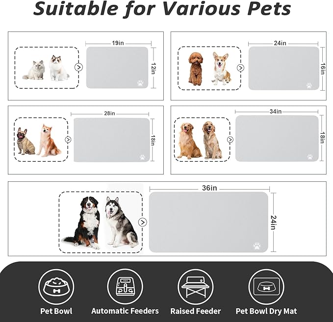 Dog Food Mat - Absorbent Cat Mat for Food and Water, No Stains Pet Feeding Bowl Mat, Easy to Clean Pet Placemats, Quick Dry Dog Water Dispenser Mat for Messy Drinkers | Paw Light Grey 12"x 19"