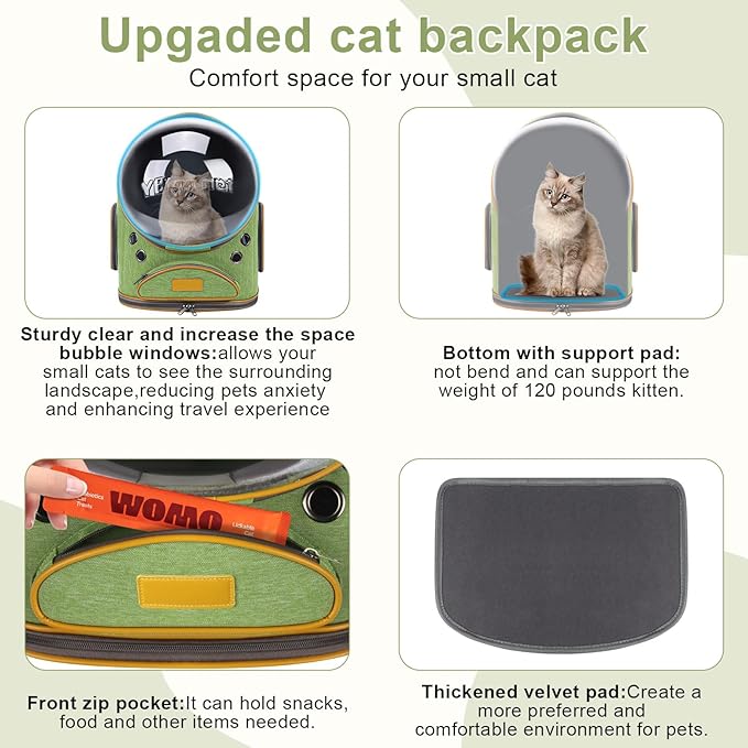Cat Backpack Carrier, Breathable Cat Bubble Backpack Upgrade Large Space Cat Carrier for Kitty Small Dog, Foldable Airline Approved Cats Backpack, Enlarge Transparent PetTravel Backpack (Green)