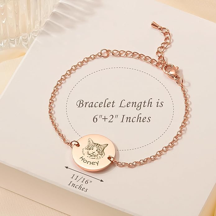 Anavia Personalized Pet Portrait Bracelet, Handmade Engraved Stainless Steel Round Disc Bracelet, Sketch Style Photo Pet Memorial Jewelry Gift for Animal Cat Dog Lovers