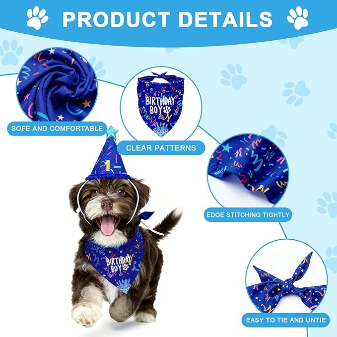 Dog Birthday Party Decorations, Adjustable Dog Bandana Set with Hat, Numbers, Banner for Pet Party Supplies Festive Accessories Large Medium Small Pet Puppy Dogs, Blue