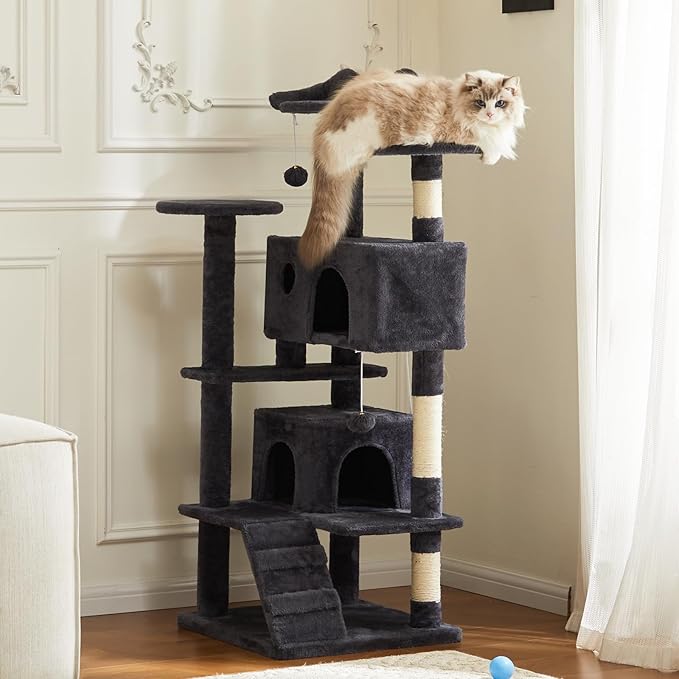 Sweetcrispy 54-Inch Cat Tree Tower – Multi-Level with Sisal Scratching Post, Perfect Pet Gift, Indoor Condo with Climbing Ladder, Plush Toy, and More Animal Stuff, Grey