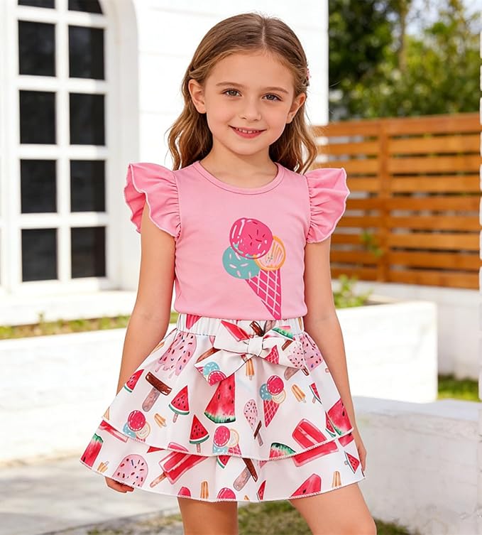 Girls Skirt Set 2 Piece Outfit Toddler Summer Clothes Ruffle Sleeve T-Shirt Bow Knot Tutu Skirt Outfit Set