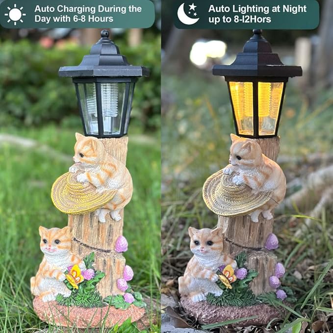 Solar Cat Outdoor Statue, Garden Statue with Lantern Decor, for Patio, Backyard, Lawn Ornament - Unique Warm-Hearted Gift for Women, Moms, Grandmas