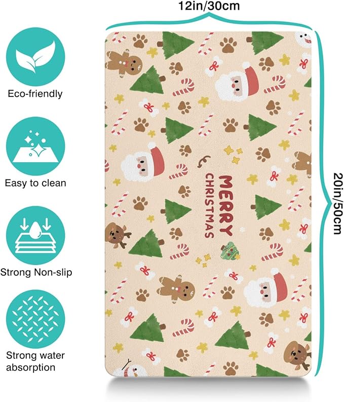 Christmas Dog Food & Water Mat, Paw Prints Santa Claus Snowman Xmas Pet Feeding Mat for Floor Non-Slip Waterproof, Super Absorbent Cat Bowl Mat, Easy to Clean Pet Placemat,12" × 20"