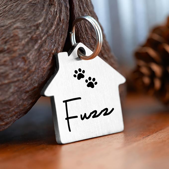 Ultra Joys Cat ID Tag Personalized Pet Tags, Durable Stainless Steel Small Pet Mini Dog Cat Tag Lightweight - House Tag in Silver