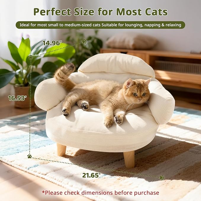 Cat Sofa Furniture-Style Pet Bed with Removable Cotton Velvet Cover, Solid Pine Wood Legs, for Cats and Small Dogs, White