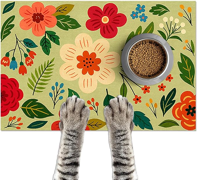 Non Slip Pet Feeding Mat with Floral Design for Dogs and Cats Food Water Bowl Placemat Easy Clean Pet Food Mat for Kitchen Dining Area Home Decor 24 x 16 Inch Absorbent Cat Water Bowl Mat