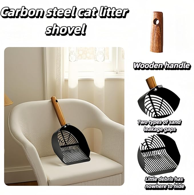 Chinshwehaw Premium Stainless Steel Cat Litter Scoop-Triple Guard Walls&Non-Stick Design,Silver,Flat Shovel Head Design Solid Deep Edge Wood Handle,Dual Hooks 1Pack,6.1x5.3inch (Black Long Strip)