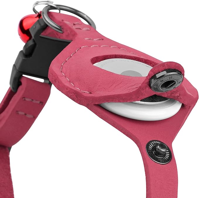 Breakaway Airtag Cat Collar with Removable Bell - Leather Pet Collar with Apple Air Tag Holder - Adjustable GPS Collars for Girl Boy Cats Kitten Puppy - Lightweight, Cute and Comfortable (Pink)