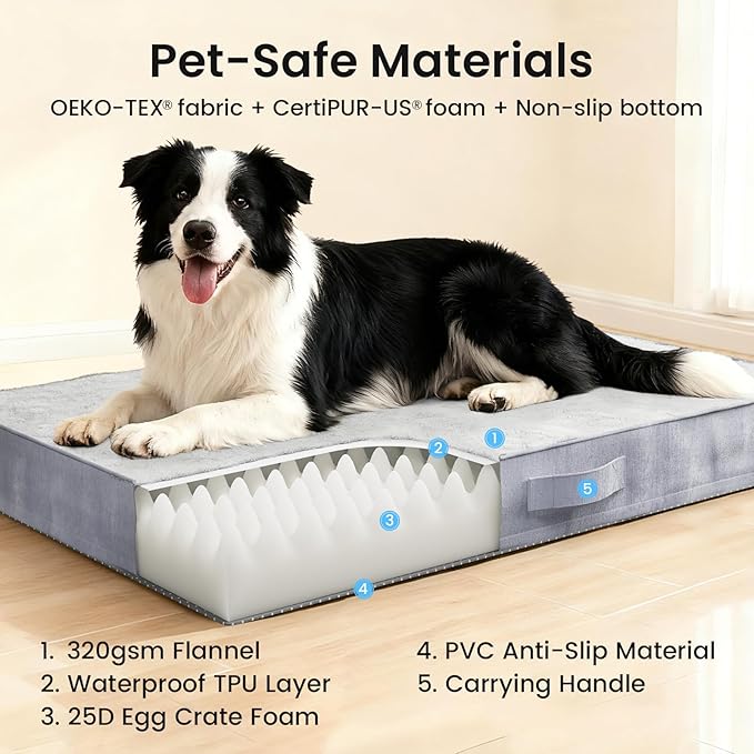 OhGeni Orthopedic Waterproof Dog Bed for Medium Large Dogs, Machine-Washable Removable Cover in Easy-Clean Fabric, High Density Foam & Easy-Carry Handle, Suitable for Crate, 35 inch (Gray)