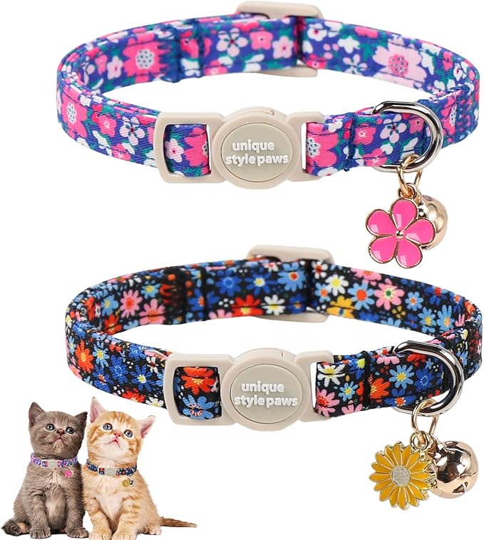 Unique Style Paws Blue Flower Cat Collar,Flower Cat Collars,Blue Kitten Collar Breakaway Buckle,Adjustable Spring Summer Puppy Collar,Ideal Gift for Boy Girl Cats