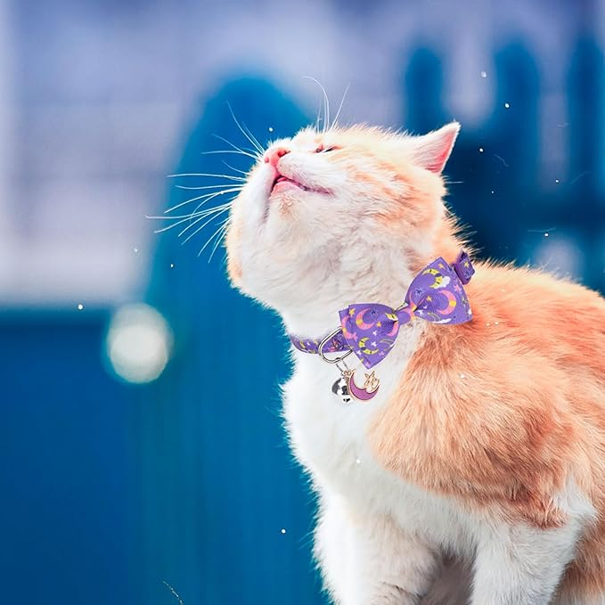 SCENEREAL Cat Collar Breakaway 3 Pack - Safety Kitten Collar with Bells Moons Stars Bowtie, Spring Summer Pet Accessory for for Girl Boy Male Outdoor and House Cats Kitty Adjustable 7''-12''