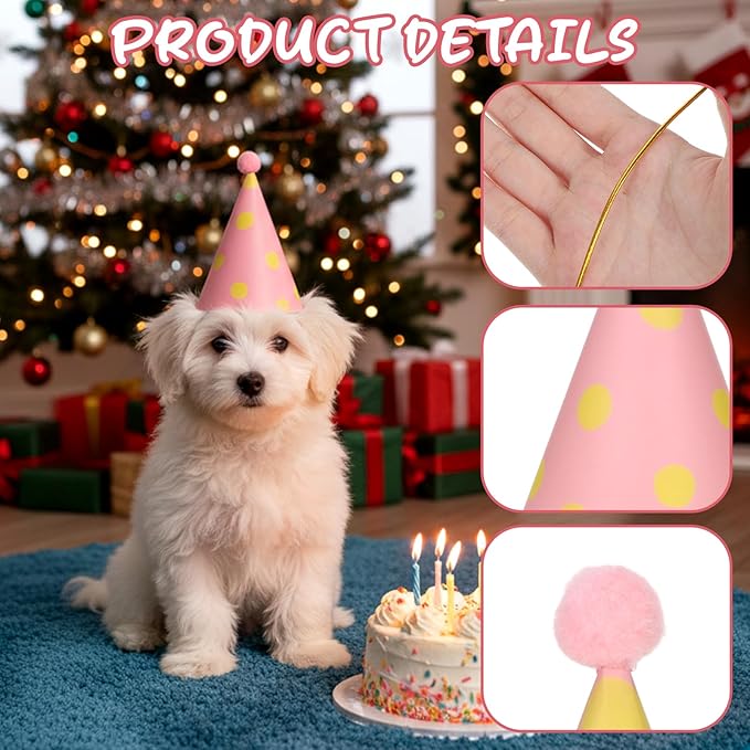 6 Pcs Birthday Hats for Dog/Cat, Mini Party Hats for Stuffed Animals, Adjustable Birthday Party Hat, Pet Accessories for Dolls, Dog, Cat, Small Animals (Multi-Color)
