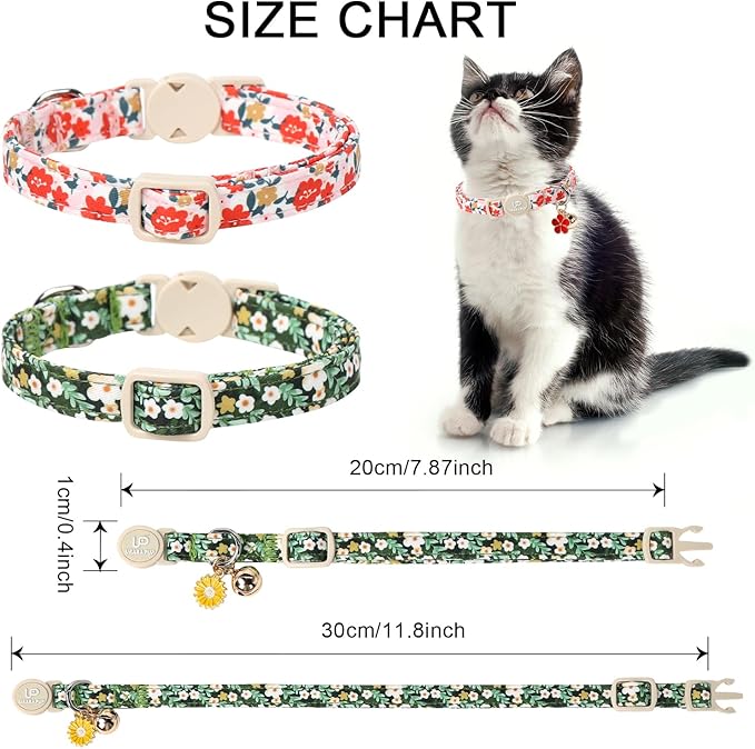 Cat Collar, 2Pack Flower Cats Collars-Cute Summer Breakaway Cat Collar with Bell & Pendant, Pretty Flower Kitten Collars with Safety Buckle for Girl & Boy Cats, 7-12Inch