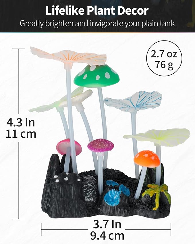 Uniclife Aquarium Coral Plant Ornament with Glowing Effect Imitative Mushroom Lotus Leaf Decoration Addition Colorful Lifelike Silicone Decor for Fish Tank Landscape