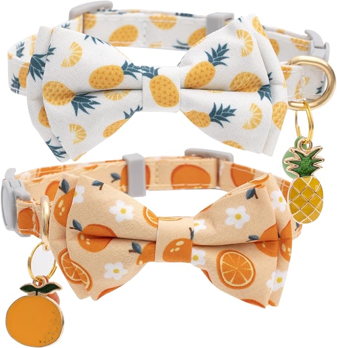 Faygarsle 2 Pack Cute Cat Collar With Bell Breakaway Bowtie for Male Female Cats - Soft Fancy Orange Yellow Pineapple Pattern Summer Collar for Boy Girl Cats