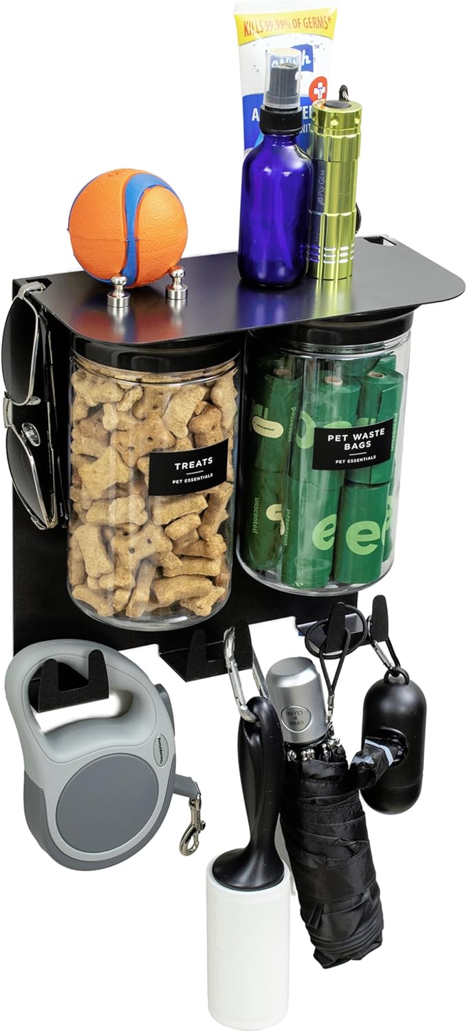 Dog Treat Holder For Wall Storage For Pets, Premium Pet Wall Organizer, Includes Two 32oz Airtight Dog Treat Jar, 3 Sets of Triple Hooks, Sturdy Shelf in Modern Black