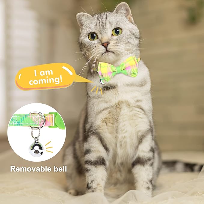 Breakaway Cat Collars with Bell & Cute Pendants - 3 Pack Adjustable Safety Kitten Collars - Decoration for Girl Boy Cats Puppy and Small Pets (Style C - Green Plaid)