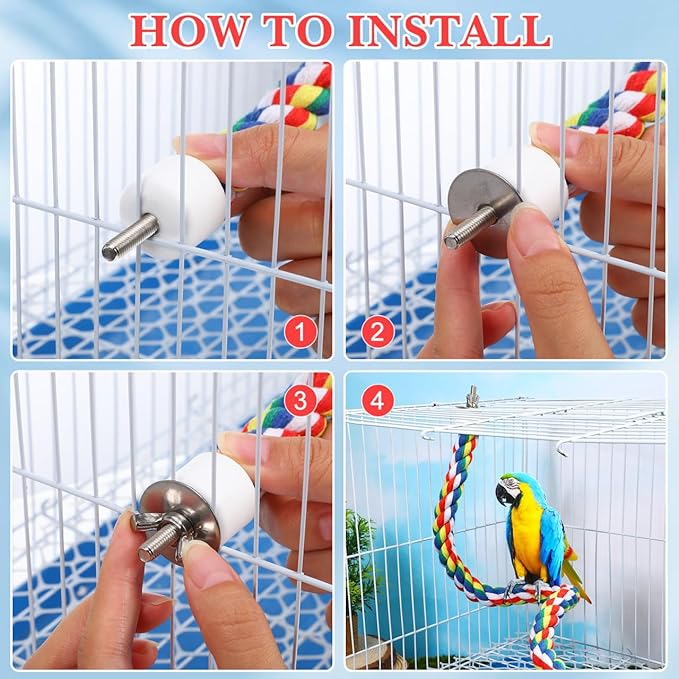 Bird Rope Perch 24 Inch, Colorful Cotton Parrot Bungee Swing, Bendable Cage Climbing Toy & Stand Accessories for Parakeets, Cockatiels, Conures, Lovebirds