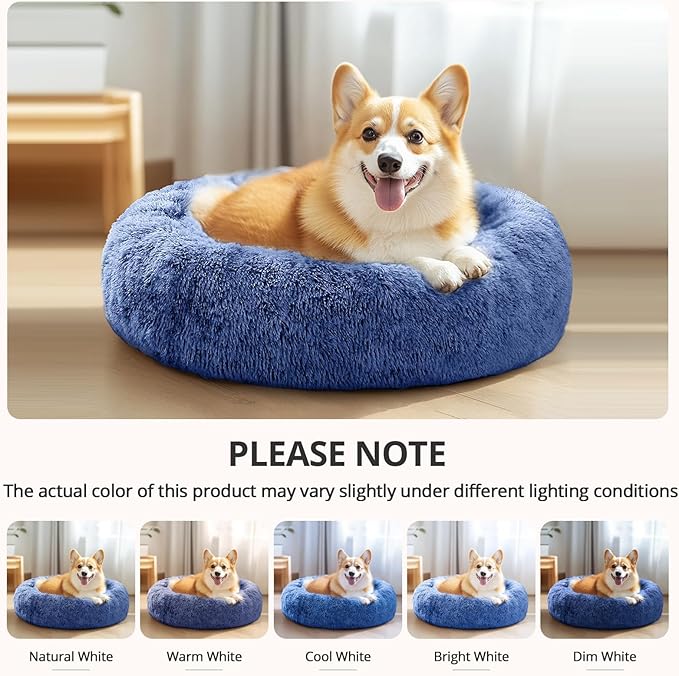JOLLYVOGUE Calming Dog Bed Large Size Dog, Anti-Anxiety Donut Large Pet Bed, 36 inches Fluffy Faux Fur Round Cat Bed, Fits up to 75 lbs Pets (Navy Blue)