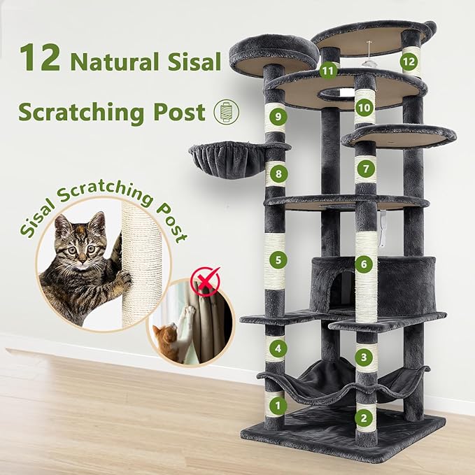 78.8" Large Cat Tree Tower for Indoor Kitties, Multi-Level Furniture Activity Center for Tall Cat Condo with Cozy Perches,Sisal Scratching Posts,Hammock and Basket (78.8 inch Dark Gray)