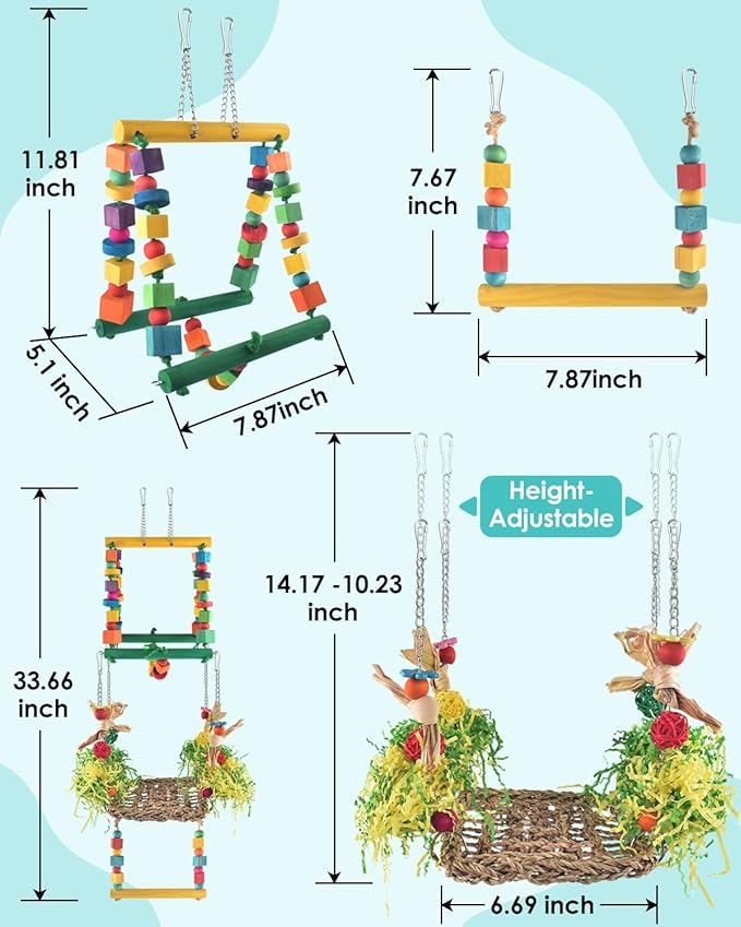 Bird Hammock Toys Parakeet Perches Swing, 3in1 Detachable Parrot Cage Accessories, Wooden Hanging Chew Toys for Medium Conure Cockatiel Quaker Lory