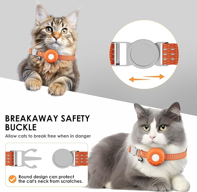 Cat GPS Tracker, Smart Cat Tracker Compatible with Apple Find My App (Only iOS), No Monthly Fee, Waterproof (White Tracker, Orange Cat Collar)