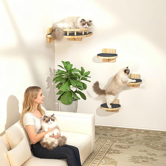 XiaZ Cat Wall Shelves, Corner Cat Shelf with 3 Wide Perch Steps, Kitty Wall Climber Wooden Furniture up to 25lbs, Modern Floating Cats Stairs for Indoor Sleeping, Playing, Climbing